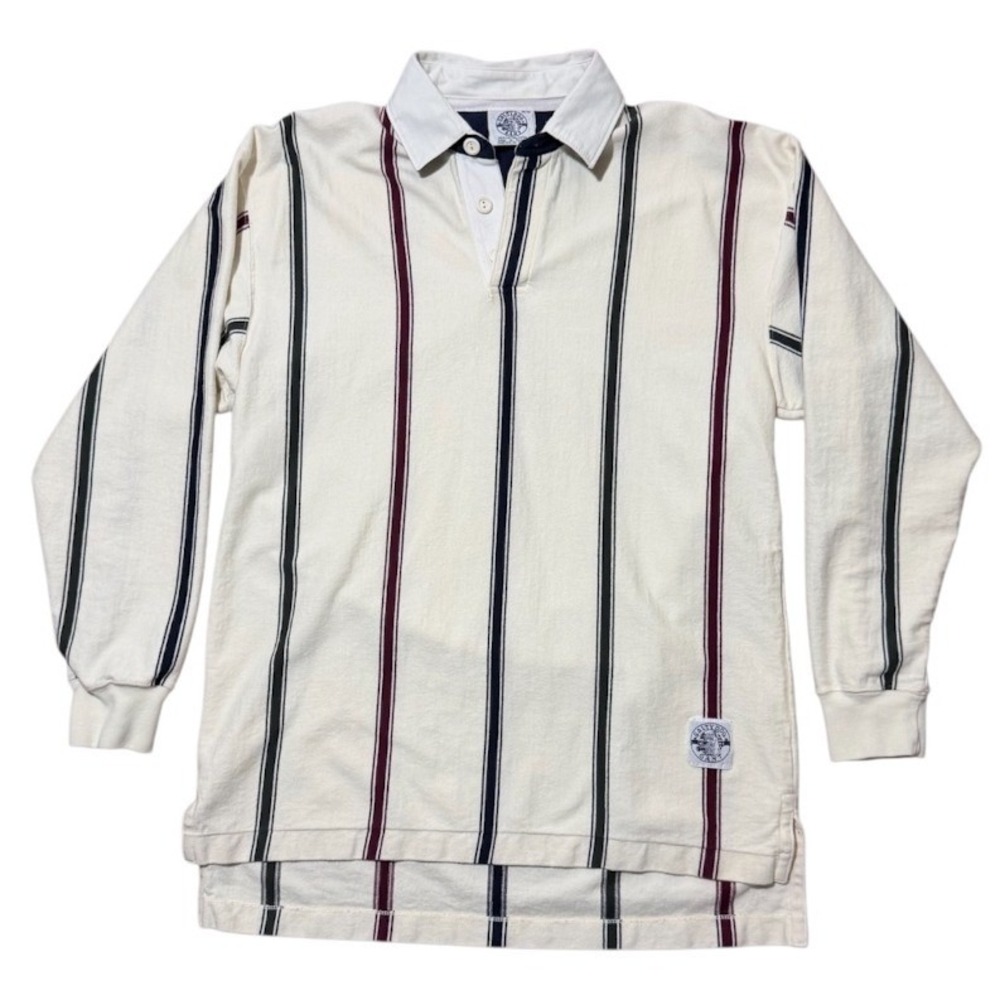 Vintage 90s Rugby Cream Navy Burgundy Long Sleeve Striped Heavy Polo Sport Shirt